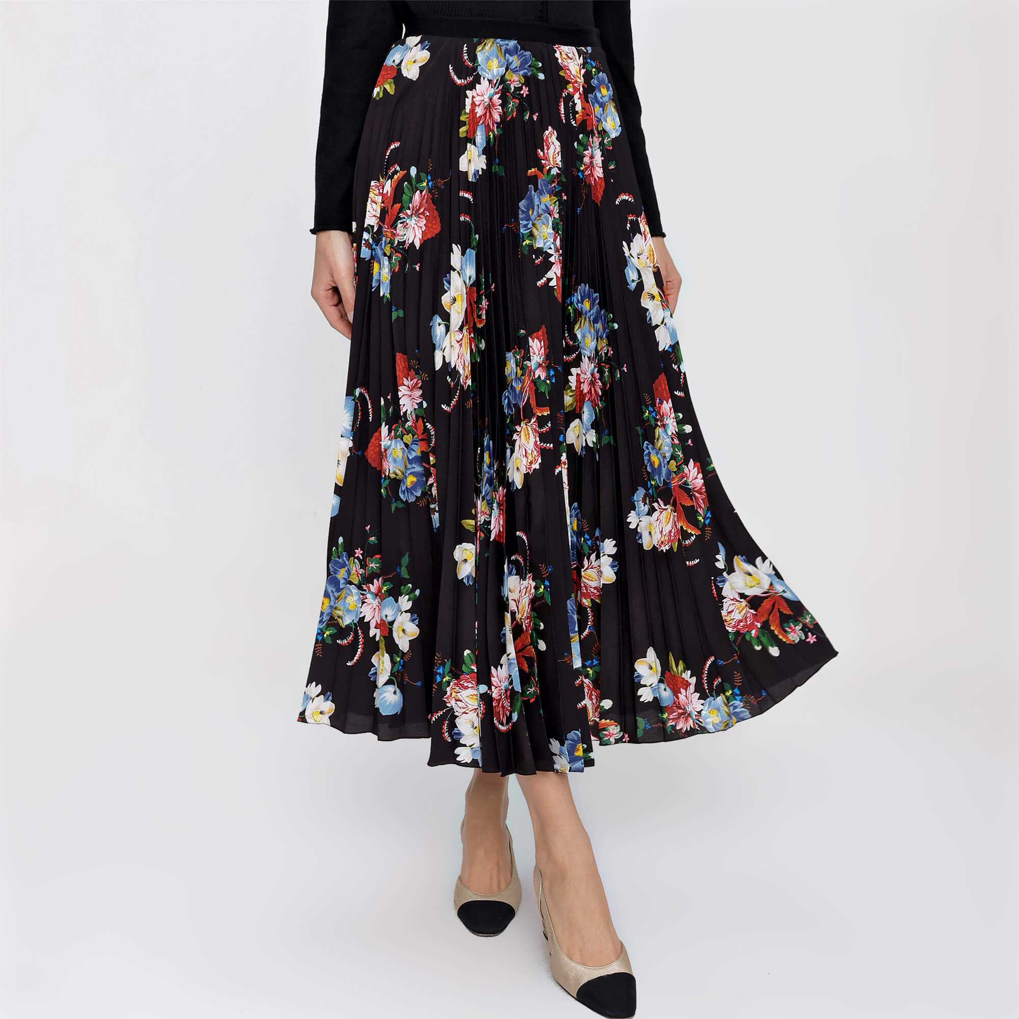 Erdem - Black Floral Print Pleated Midi Skirt